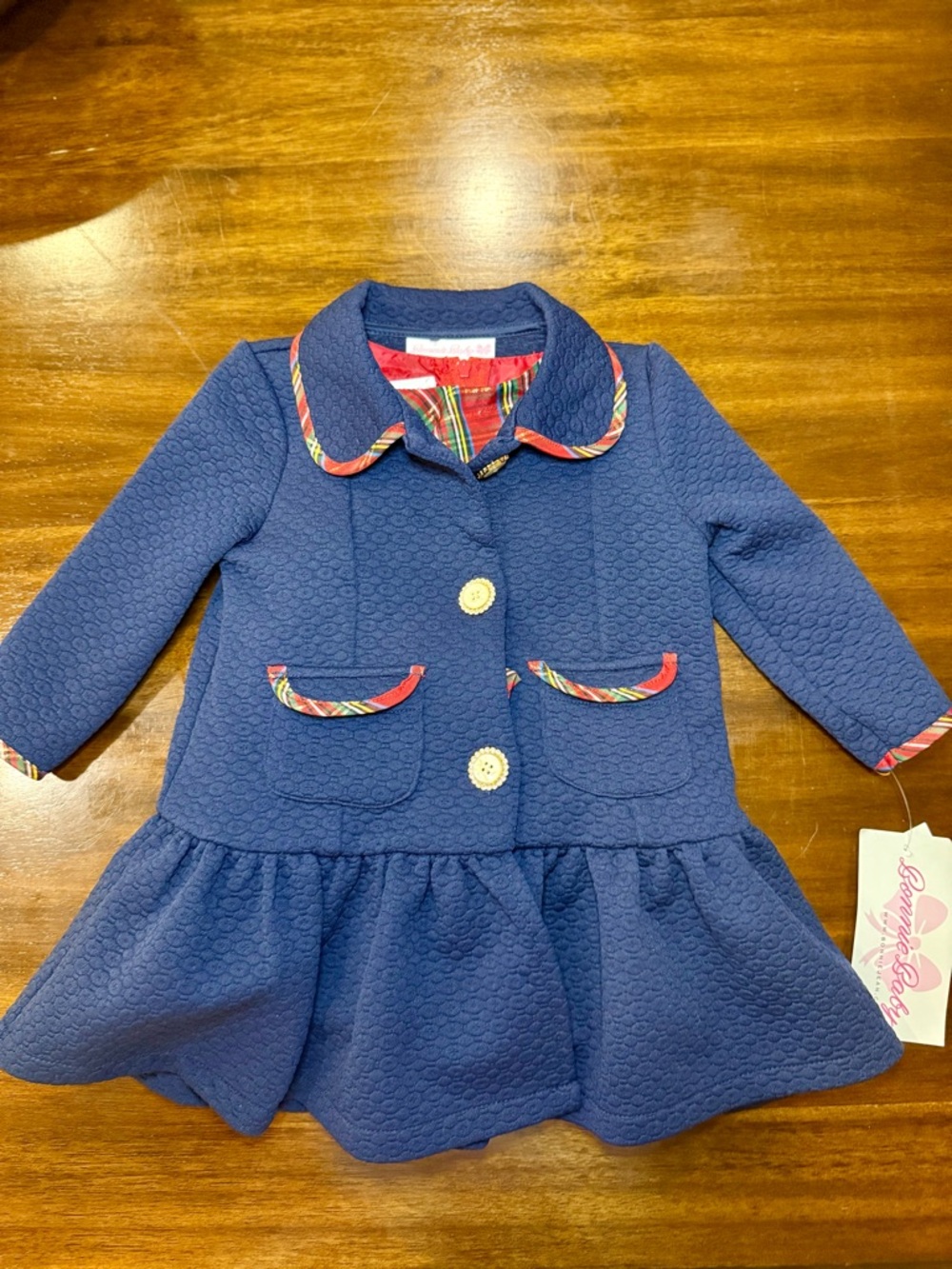 Bonnie Baby Navy Textured Dress with Plaid Ribbon Trim